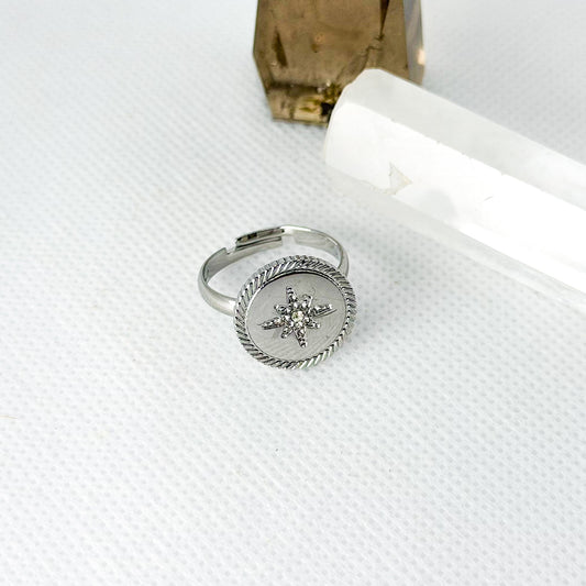 Anel Ajustável Medalhão Estrela Polar - Prata