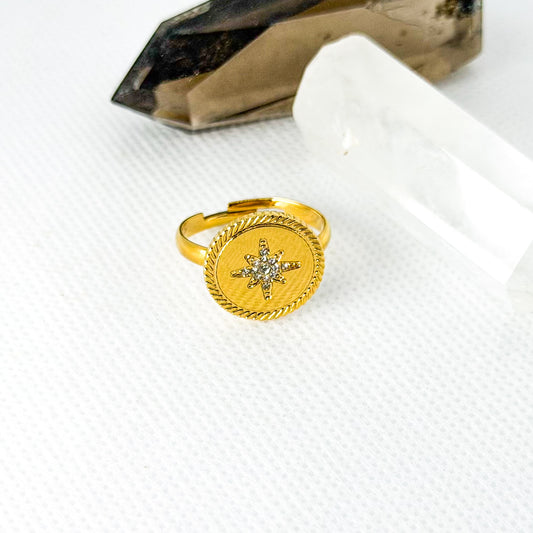 Anel Ajustável Medalhão Estrela Polar - Ouro